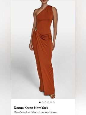 Donna Karan One-Shoulder Rust Maxi Gown with Gold Ring